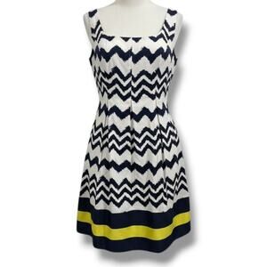 Jones Studio Navy White Chevron Fit & Flare Dress – Size 8, Lined, Zip Back, New